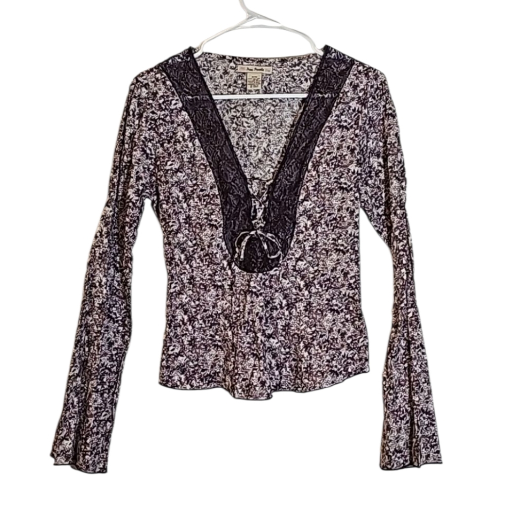 😁Free People Printed Top Floral Lace Trim Lace Up Smocked Blouse Size M